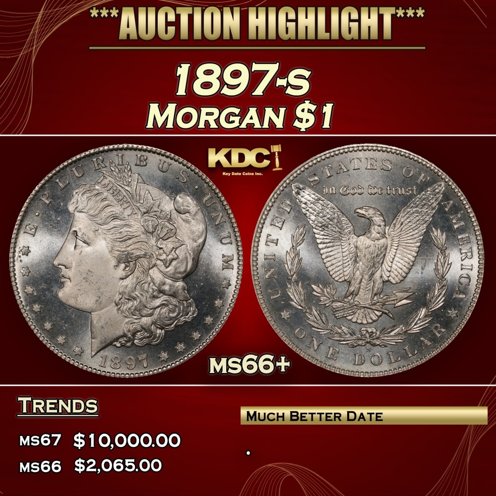 1897-s Morgan Dollar $1 ms66+ SEGS: 1897-s Morgan Dollar $1 ms66+ SEGS. 0