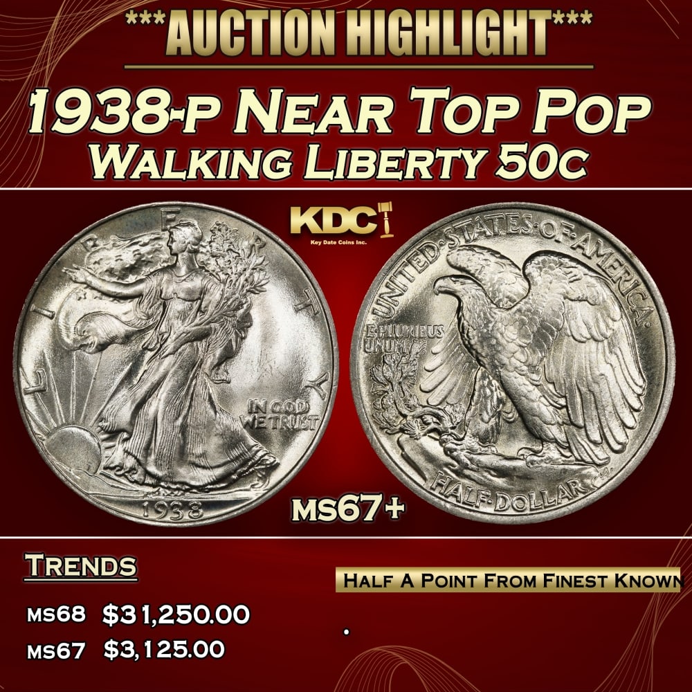 1938-p Walking Liberty Half Dollar Near Top Pop 50c ms67+ SEGS: 1938-p Near Top Pop Walking Liberty Half Dollar 50c ms67+ SEGS.