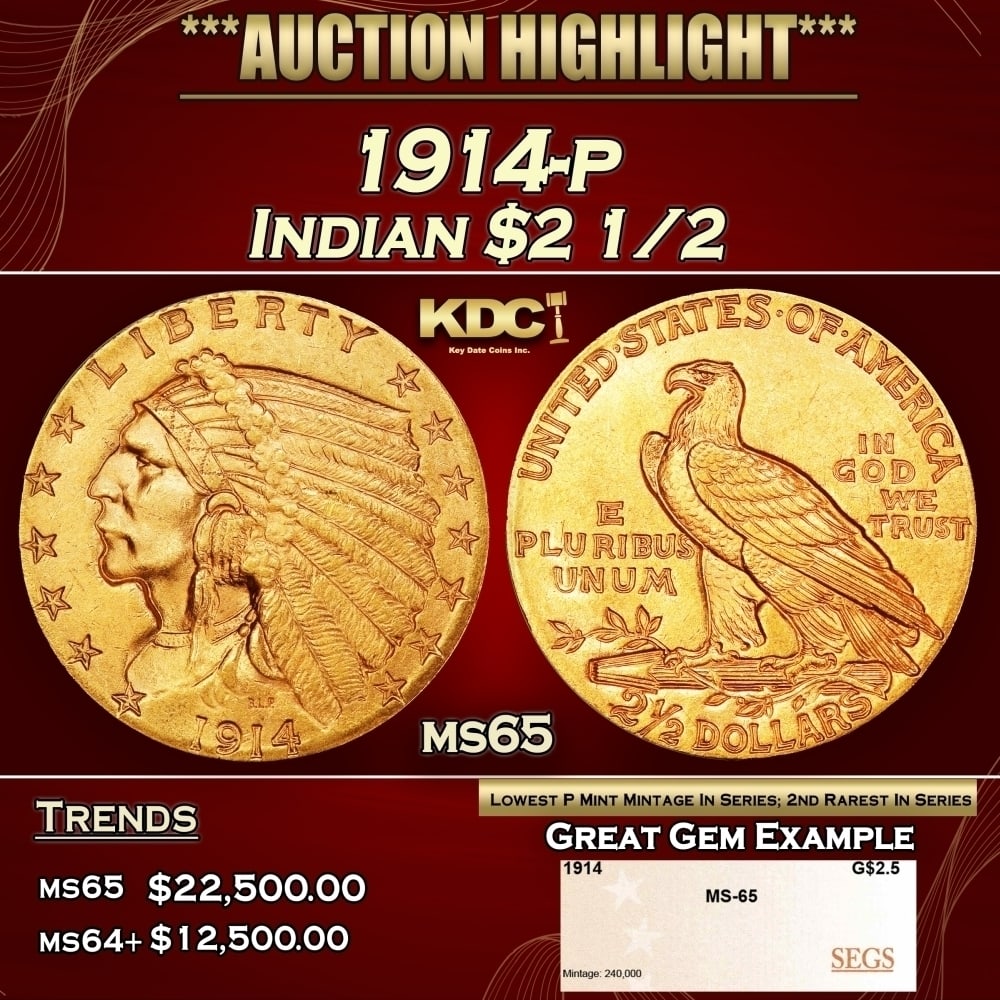 1914-p Gold Indian Quarter Eagle $2 1/2 ms65 SEGS (1 of 4)