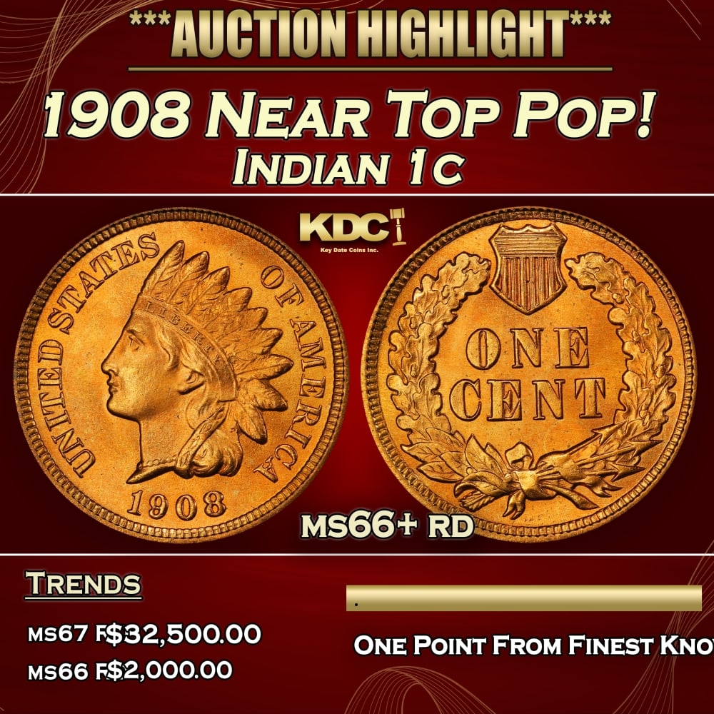 1908 Indian Cent Near Top Pop! 1c ms66+ rd SEGS: 1908 Near Top Pop! Indian Cent 1c ms66+ rd SEGS. 0