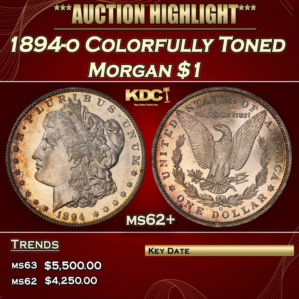1894-o Morgan Dollar Colorfully Toned $1 ms62+ USCG: 1894-o Colorfully Toned Morgan Dollar $1 ms62+ USCG. 0