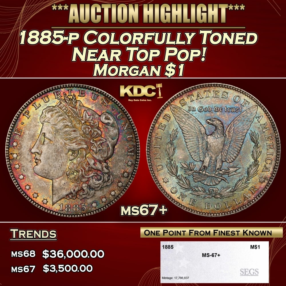 1885-p Morgan Dollar Colorfully Toned Near Top Pop! $1 ms67+ SEGS: 1885-p Colorfully Toned Near Top Pop! Morgan Dollar $1 ms67+ SEGS. 0