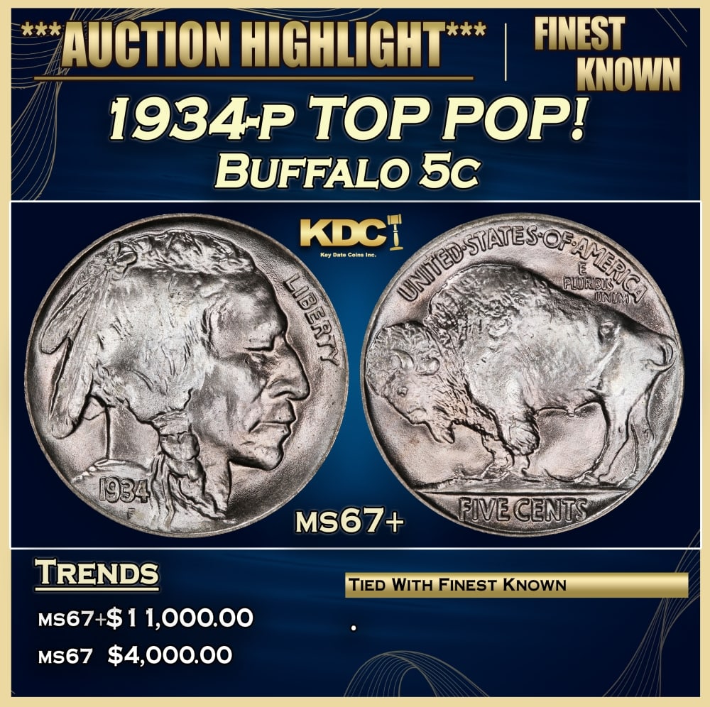 1934-p Buffalo Nickel TOP POP! 5c ms67+ SEGS: 1934-p TOP POP! Buffalo Nickel 5c ms67+ SEGS.