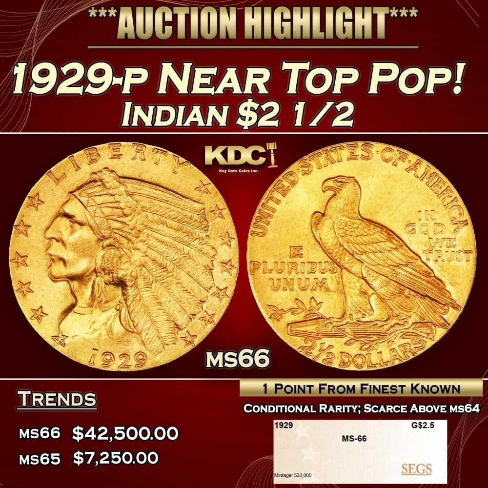1929-p Gold Indian Quarter Eagle Near Top Pop! $2 1/2 ms66 SEGS: 1929-p Near Top Pop! Gold Indian Quarter Eagle $2 1/2 ms66 SEGS. Per David Akers Of PCGS "This is an unusual issue in that it is easy to find in MS-63 or lower condition but surprisingly difficult to 