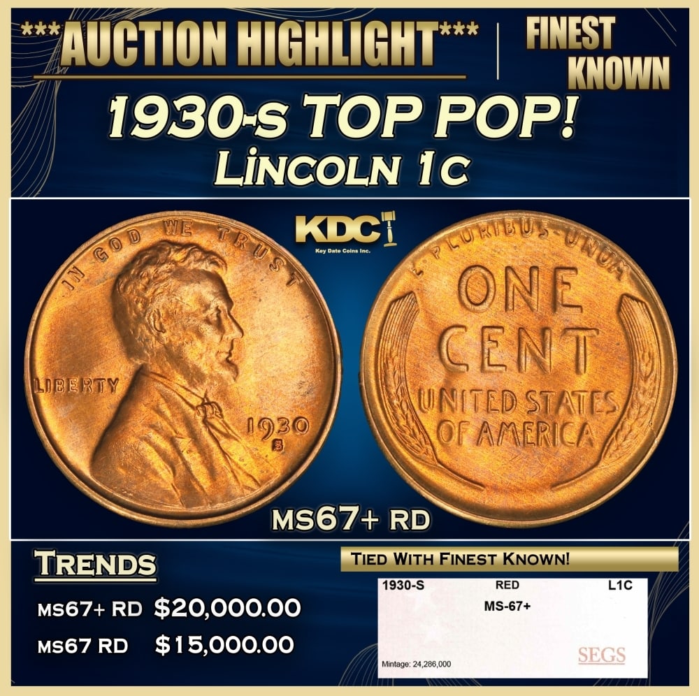 1930-s Lincoln Cent TOP POP! 1c ms67+ rd SEGS: 1930-s TOP POP! Lincoln Cent 1c ms67+ rd SEGS. 0