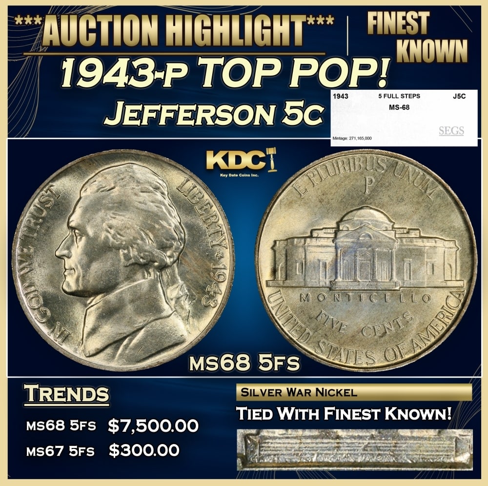1943-p Jefferson Nickel TOP POP! 5c ms68 5fs SEGS: 1943-p TOP POP! Jefferson Nickel 5c ms68 5fs SEGS. 0