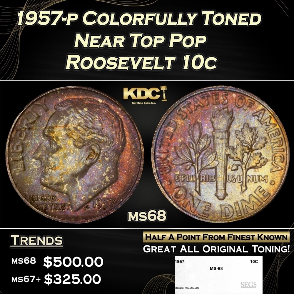 1957-p Roosevelt Dime Colorfully Toned Near Top Pop 10c ms68 SEGS: 1957-p Colorfully Toned Near Top Pop Roosevelt Dime 10c ms68 SEGS. 0