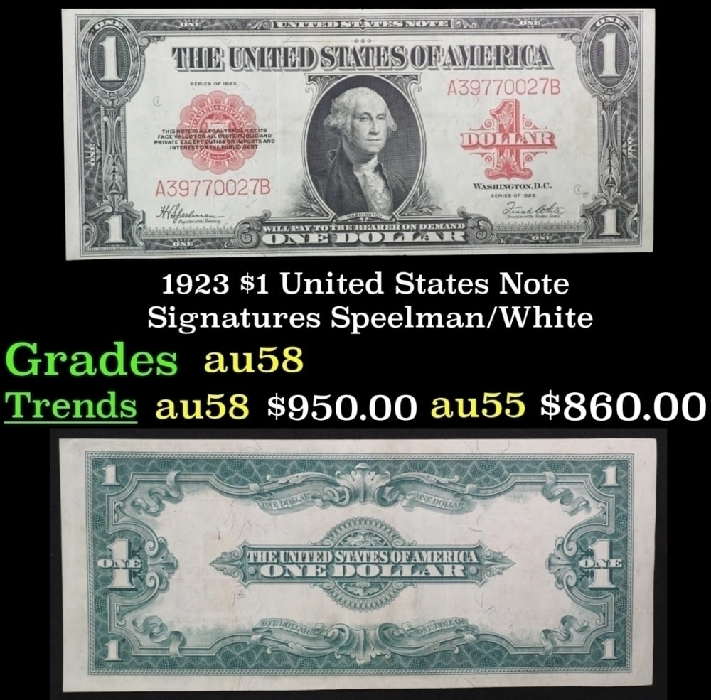 1923 $1 United States Note Grades Choice AU/BU Slider Signatures Speelman/White: 1923 $1 United States Note Grades Choice AU/BU Slider Signatures Speelman/White. Signatures of Speelman and White. The last of the large-sized U.S. $1 notes! Take a dollar bill out of your wallet and 