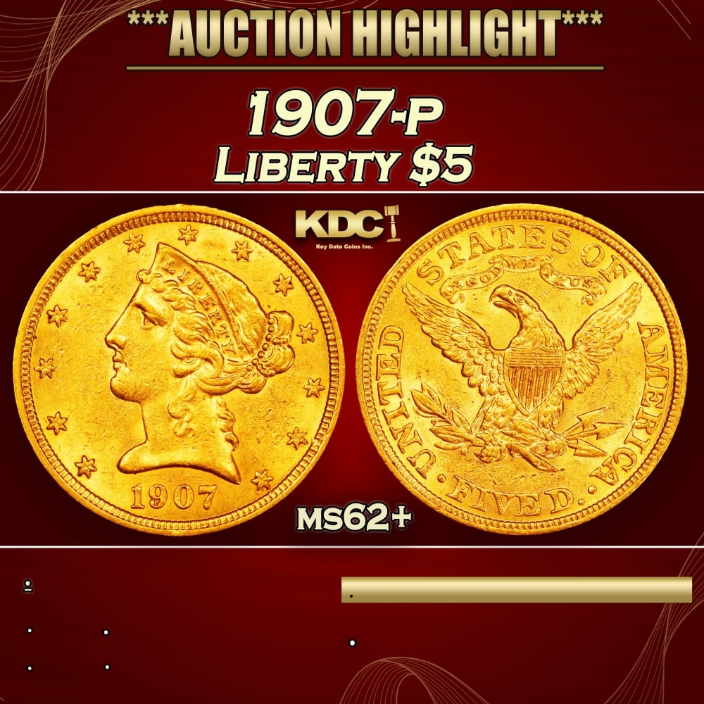 1907-p Gold Liberty Half Eagle $5 ms62+ USCG (1 of 3)