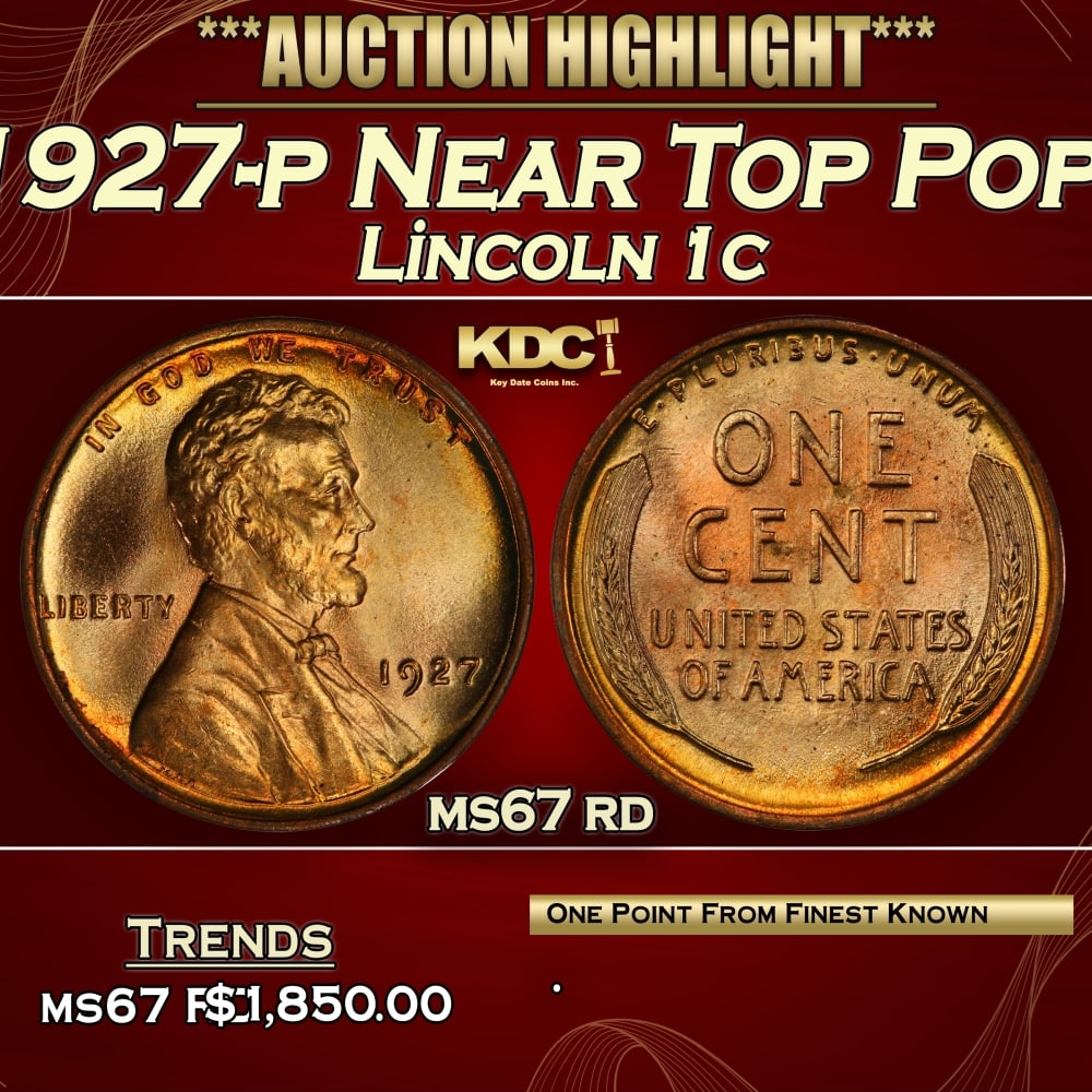 1927-p Lincoln Cent Near Top Pop! 1c ms67 rd SEGS: 1927-p Near Top Pop! Lincoln Cent 1c ms67 rd SEGS. 0