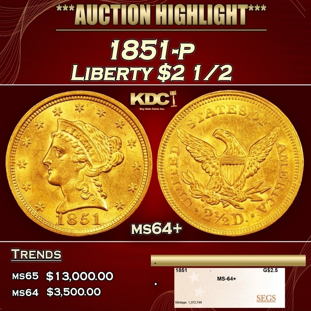1851-p Gold Liberty Quarter Eagle $2 1/2 ms64+ SEGS: 1851-p Gold Liberty Quarter Eagle $2 1/2 ms64+ SEGS. 0