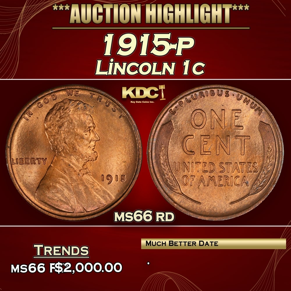 1915-p Lincoln Cent 1c ms66 rd SEGS (1 of 3)