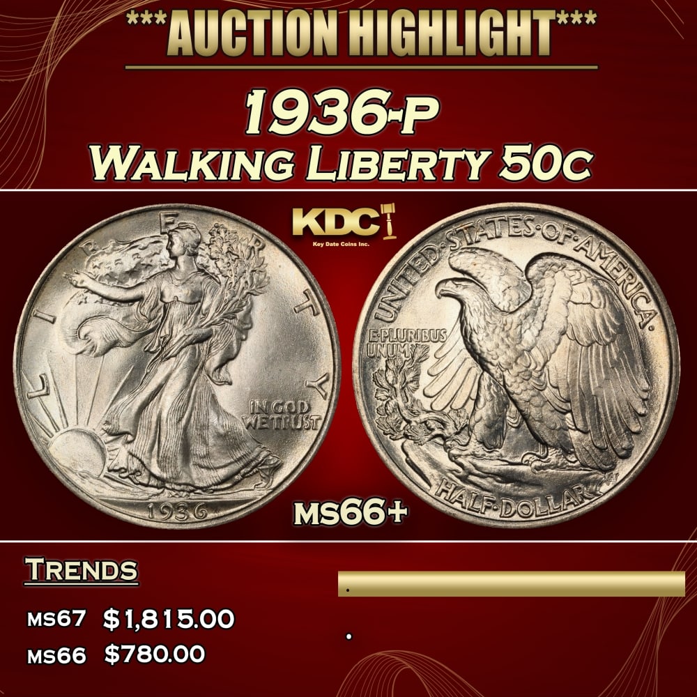 1936-p Walking Liberty Half Dollar 50c ms66+ SEGS: 1936-p Walking Liberty Half Dollar 50c ms66+ SEGS.