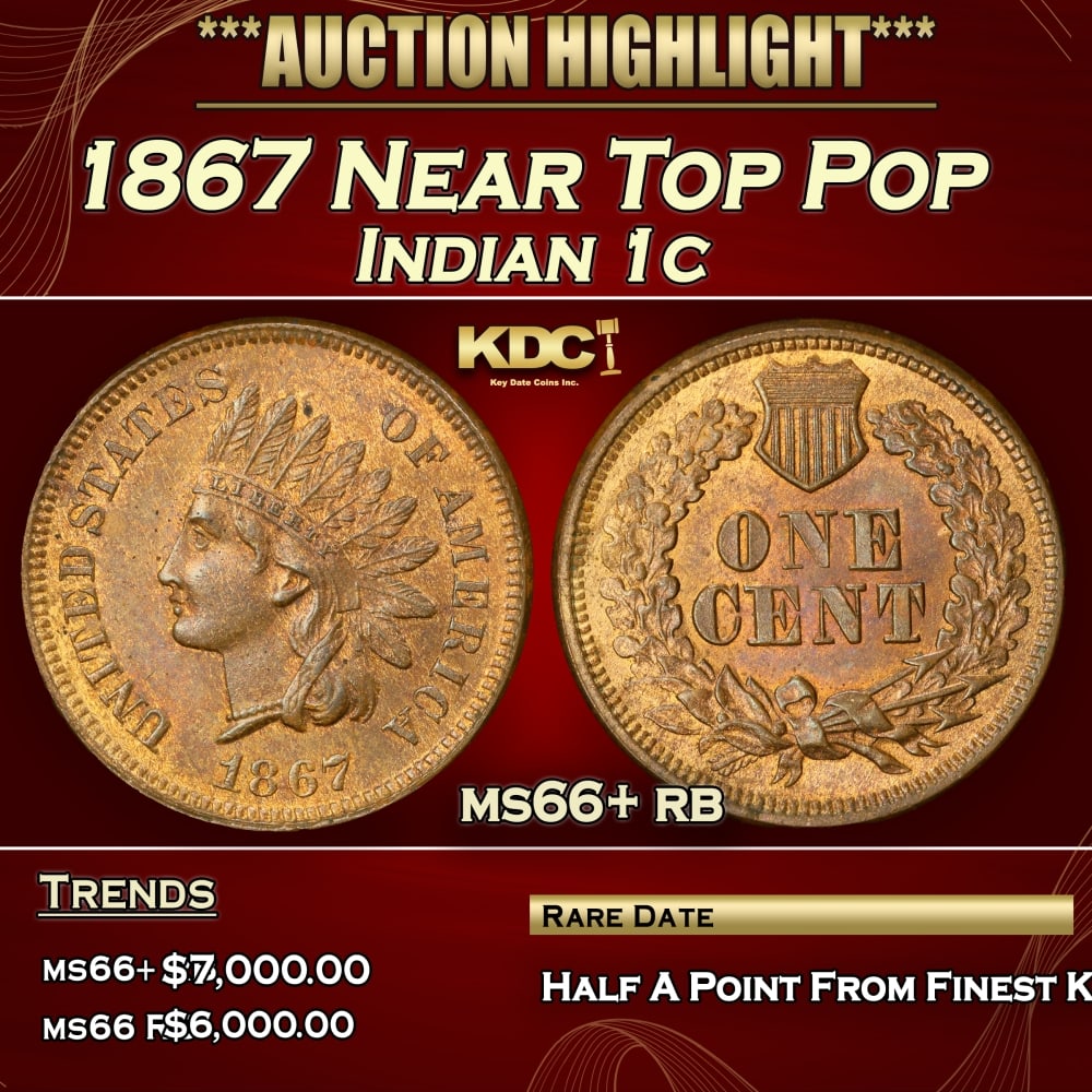 1867 Indian Cent Near Top Pop 1c ms66+ rb SEGS: 1867 Near Top Pop Indian Cent 1c ms66+ rb SEGS. PCGS estimates only 5000 survive in all grades. A very tough date. 0