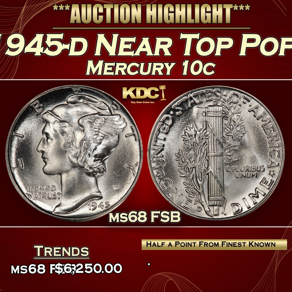 1945-d Mercury Dime Near Top Pop! 10c ms68 FSB SEGS: 1945-d Near Top Pop! Mercury Dime 10c ms68 FSB SEGS.