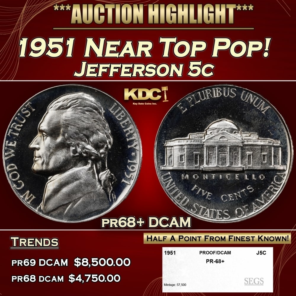 1951 Proof Jefferson Nickel Near Top Pop! 5c pr68+ DCAM SEGS (1 of 4)