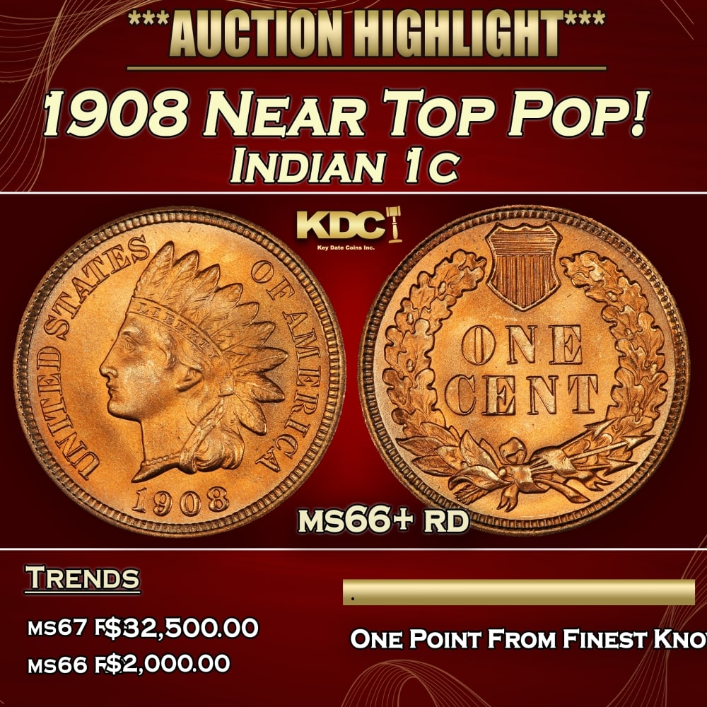 1908 Indian Cent Near Top Pop! 1c ms66+ rd SEGS: 1908 Near Top Pop! Indian Cent 1c ms66+ rd SEGS. 0
