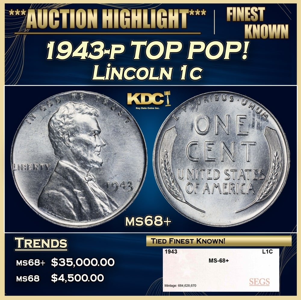 1943-p Lincoln Cent TOP POP! 1c ms68+ SEGS: 1943-p TOP POP! Lincoln Cent 1c ms68+ SEGS. One year type coin. The much heralded, "Steel" WWII cent. Great example of a favorite coin. The 1943-p Wartime issue Steel Cent. 0
