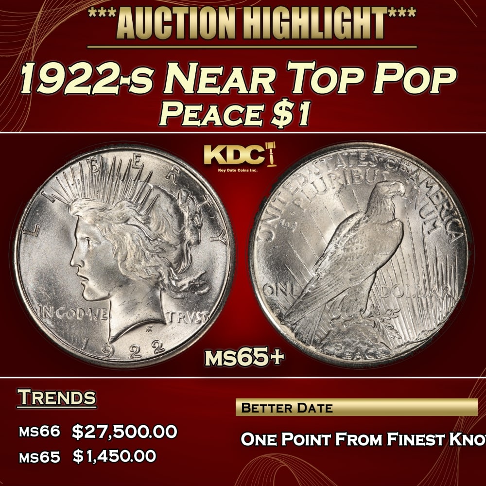 1922-s Peace Dollar Near Top Pop $1 ms65+ SEGS: 1922-s Near Top Pop Peace Dollar $1 ms65+ SEGS. 0