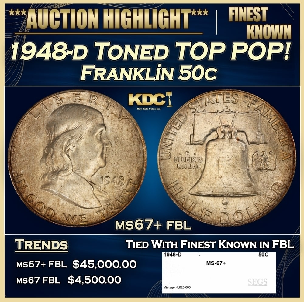 1948-d Franklin Half Dollar Toned TOP POP! 50c ms67+ fbl SEGS: 1948-d Toned TOP POP! Franklin Half Dollar 50c ms67+ fbl SEGS. 0