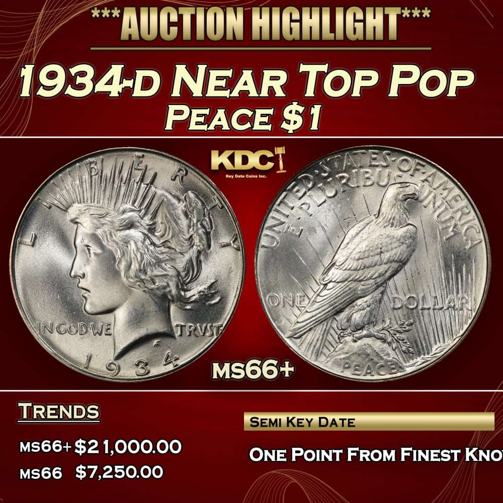1934-d Peace Dollar Near Top Pop $1 ms66+ SEGS: 1934-d Near Top Pop Peace Dollar $1 ms66+ SEGS. 0