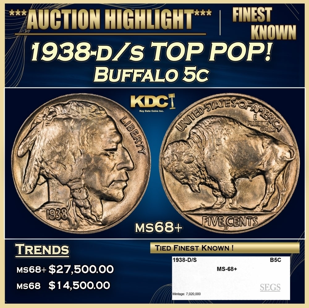 1938-d/s Buffalo Nickel TOP POP! 5c ms68+ SEGS: 1938-d/s TOP POP! Buffalo Nickel 5c ms68+ SEGS. 0