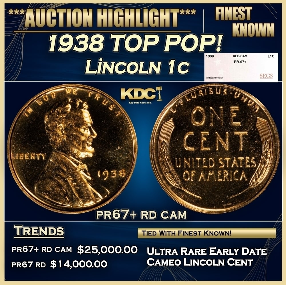 1938 Proof Lincoln Cent TOP POP! 1c pr67+ rd cam SEGS: 1938 TOP POP! Lincoln Cent 1c pr67+ rd cam SEGS. 0