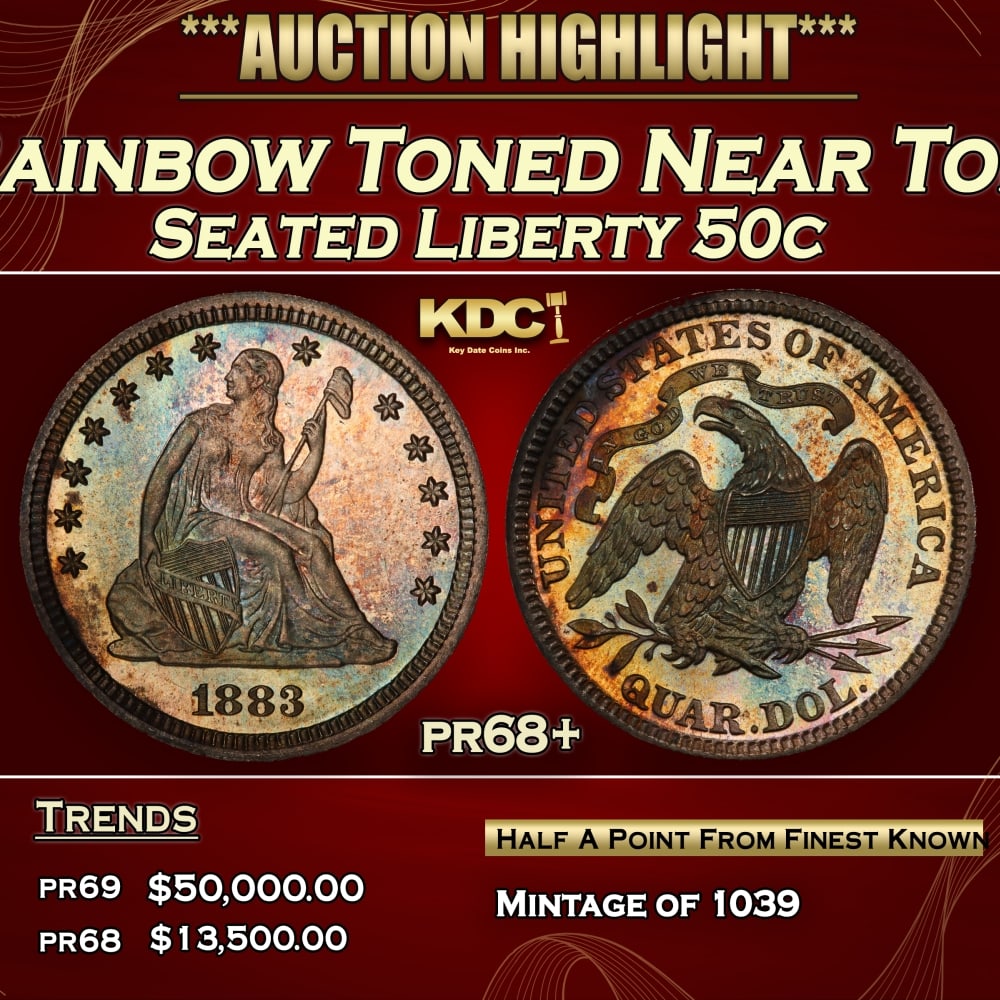 1883 Proof Seated Half Dollar Rainbow Toned Near Top Pop! 50c pr68+ SEGS: 1883 Rainbow Toned Near Top Pop! Seated Half Dollar 50c pr68+ SEGS. 0