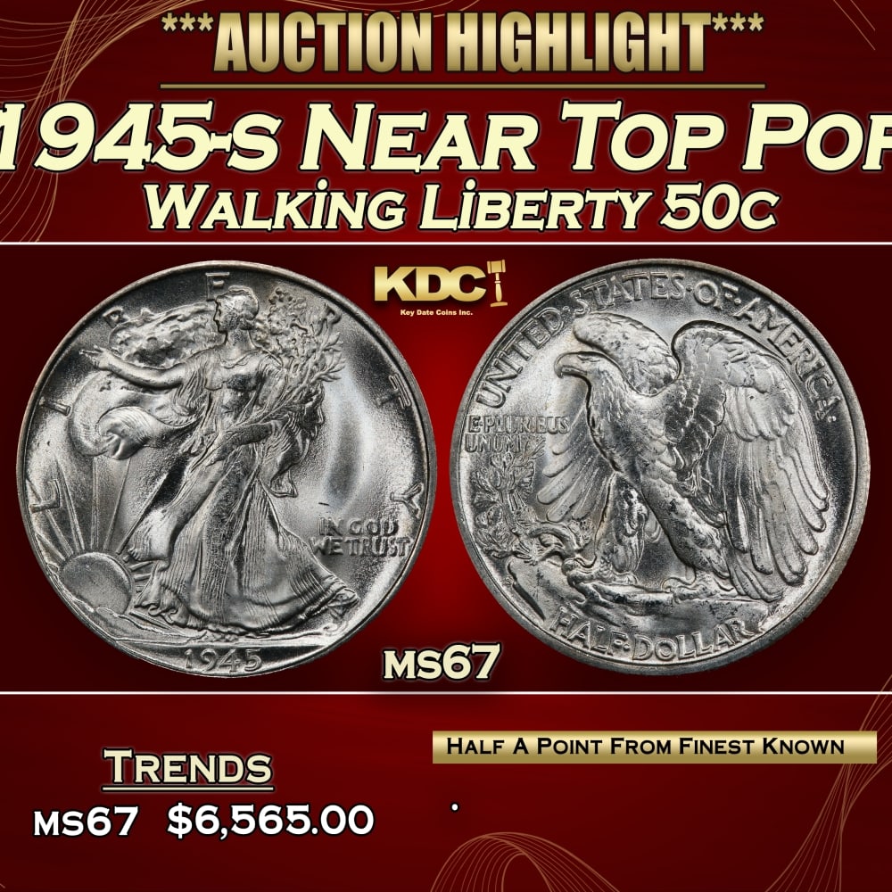 1945-s Walking Liberty Half Dollar Near Top Pop 50c ms67 SEGS: 1945-s Near Top Pop Walking Liberty Half Dollar 50c ms67 SEGS.