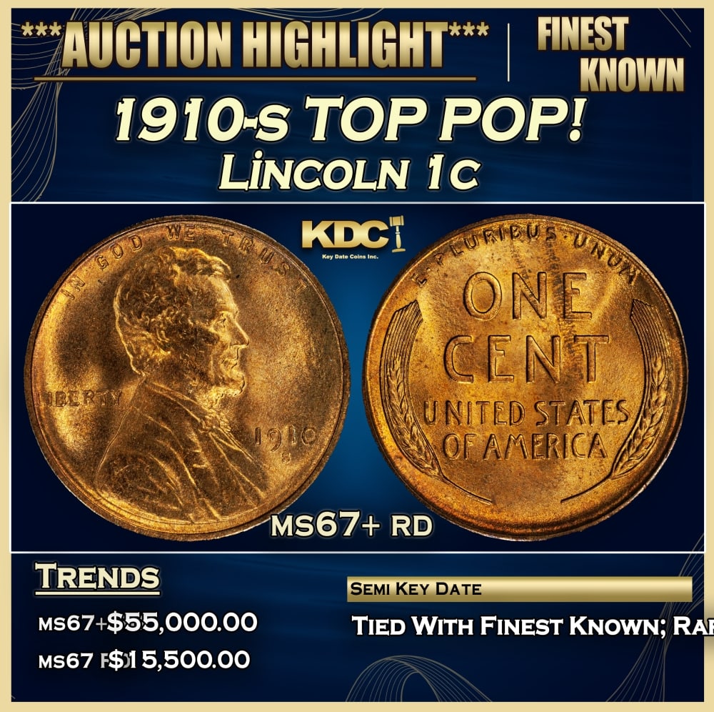 1910-s Lincoln Cent TOP POP! 1c ms67+ rd SEGS: 1910-s TOP POP! Lincoln Cent 1c ms67+ rd SEGS. Semi Key Date. Per David Hall of PCGS "The 1910-s has long been considered a semi-key date in circulated grades" 0