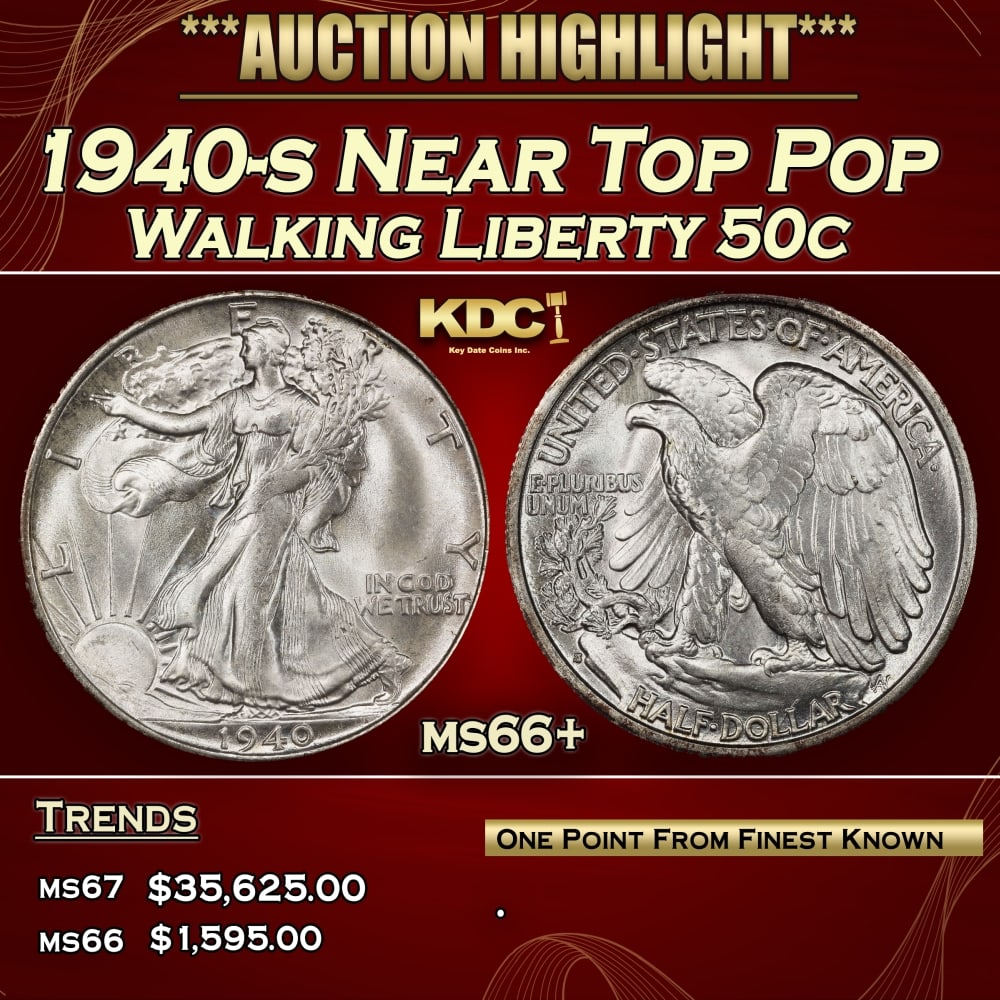 1940-s Walking Liberty Half Dollar Near Top Pop 50c ms66+ SEGS: 1940-s Near Top Pop Walking Liberty Half Dollar 50c ms66+ SEGS.