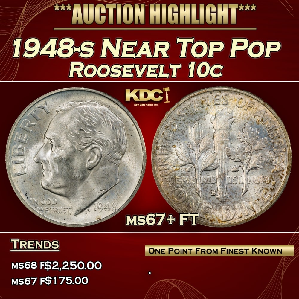 1948-s Roosevelt Dime Near Top Pop 10c ms67+ FT SEGS: 1948-s Near Top Pop Roosevelt Dime 10c ms67+ FT SEGS. 0