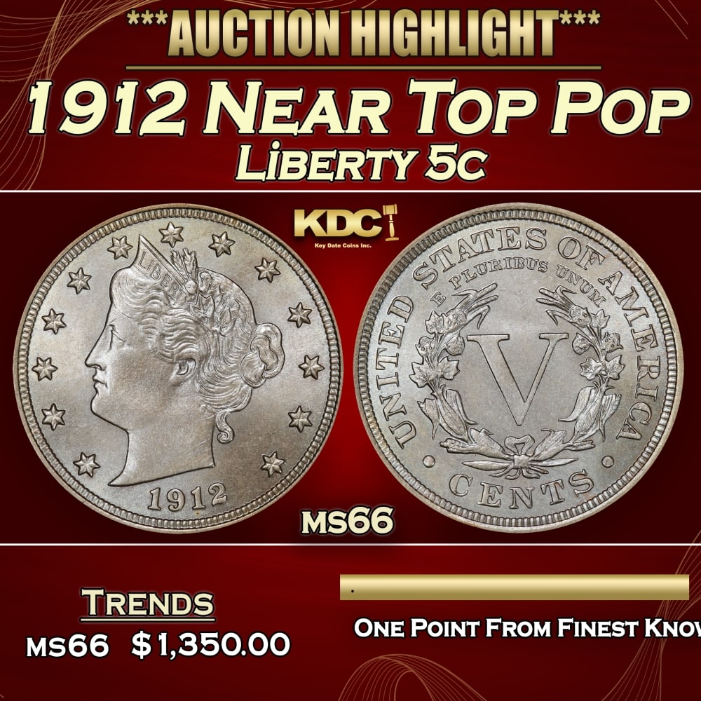 1912 Liberty Nickel Near Top Pop 5c ms66 SEGS: 1912 Near Top Pop Liberty Nickel 5c ms66 SEGS. 0