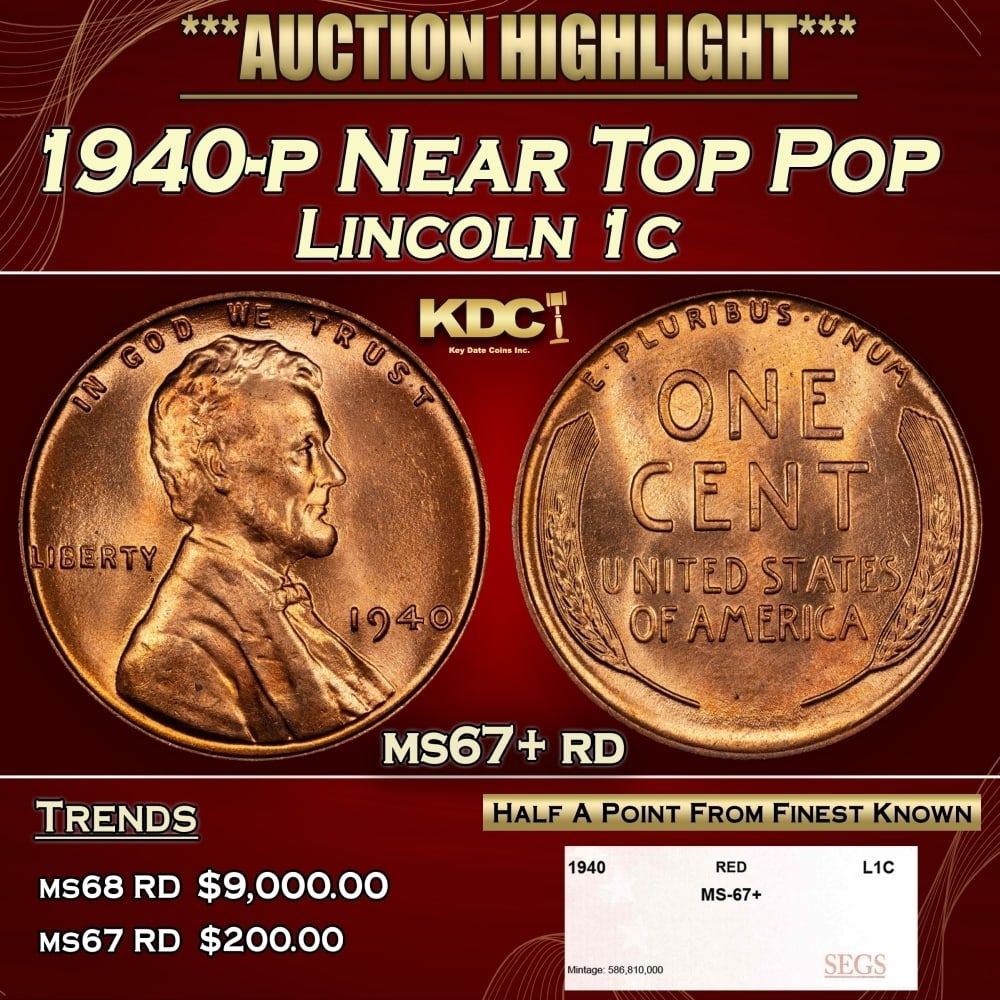 1940-p Lincoln Cent Near Top Pop 1c ms67+ rd SEGS: 1940-p Near Top Pop Lincoln Cent 1c ms67+ rd SEGS. 0