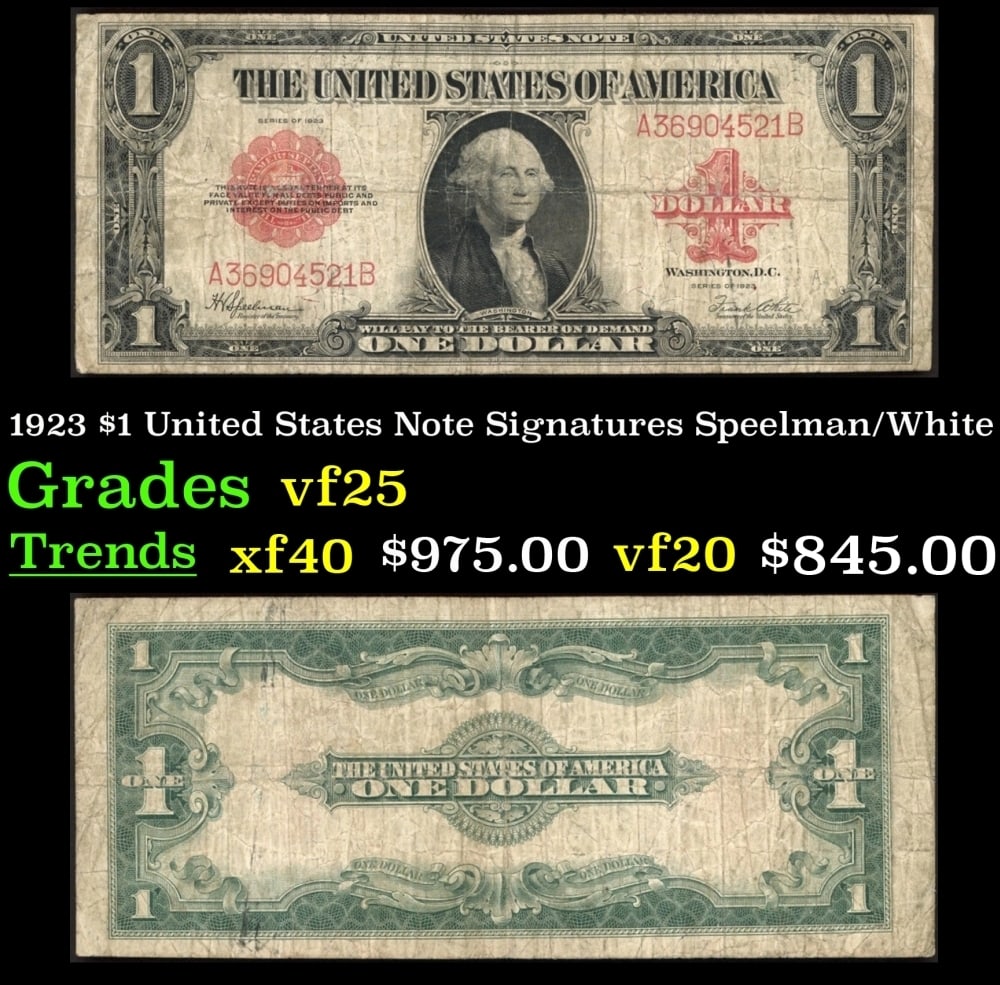 1923 $1 United States Note Grades vf+ Signatures Speelman/White (1 of 3)
