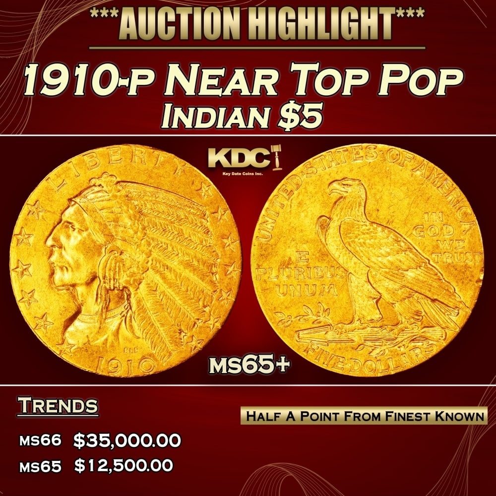 1910-p Gold Indian Half Eagle Near Top Pop $5 ms65+ USCG (1 of 3)