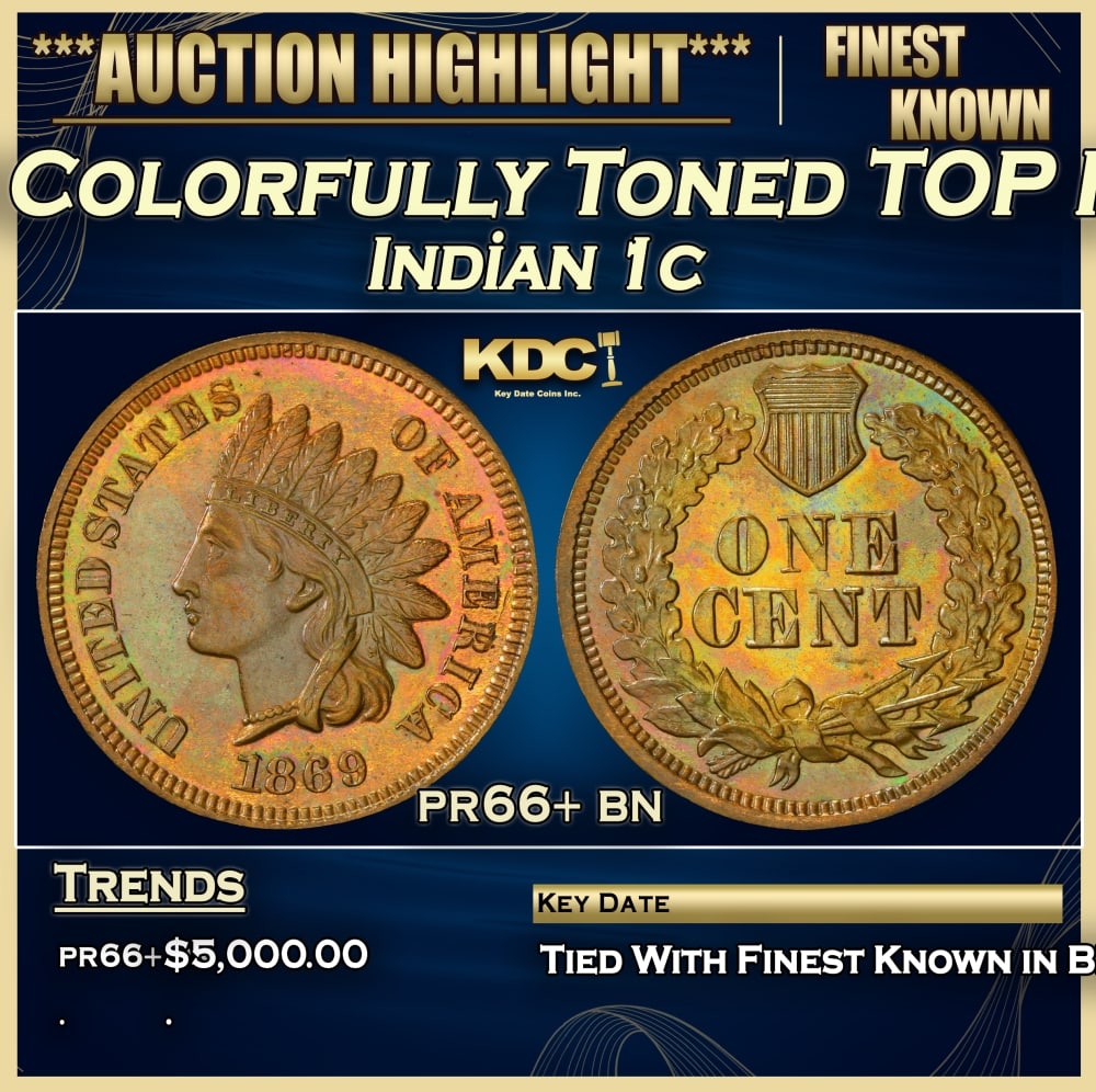 1869 Proof Indian Cent Colorfully Toned TOP POP! 1c pr66+ bn SEGS: 1869 Colorfully Toned TOP POP! Indian Cent 1c pr66+ bn SEGS. Quoting from PCGS "The 1869 is one of the rarest Indian cents in all grades. The 1869 is considered one of the key dates of the series and 
