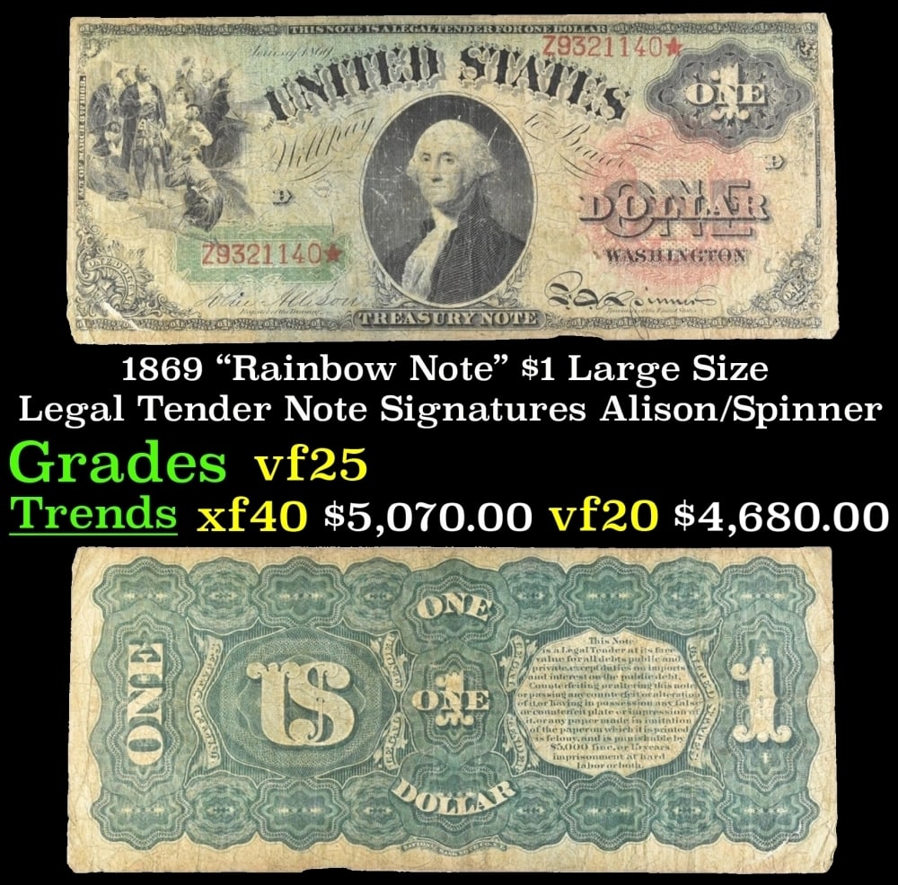 1869 $1 Large Size Legal Tender Note "Rainbow Note" Grades vf+ Signatures Alison/Spinner: 1869 $1 Large Size Legal Tender Note "Rainbow Note" Grades vf+ Signatures Alison/Spinner. FR-18 One of the most coveted and sought-after currency pieces in American history is this 1869 Legal Tender S