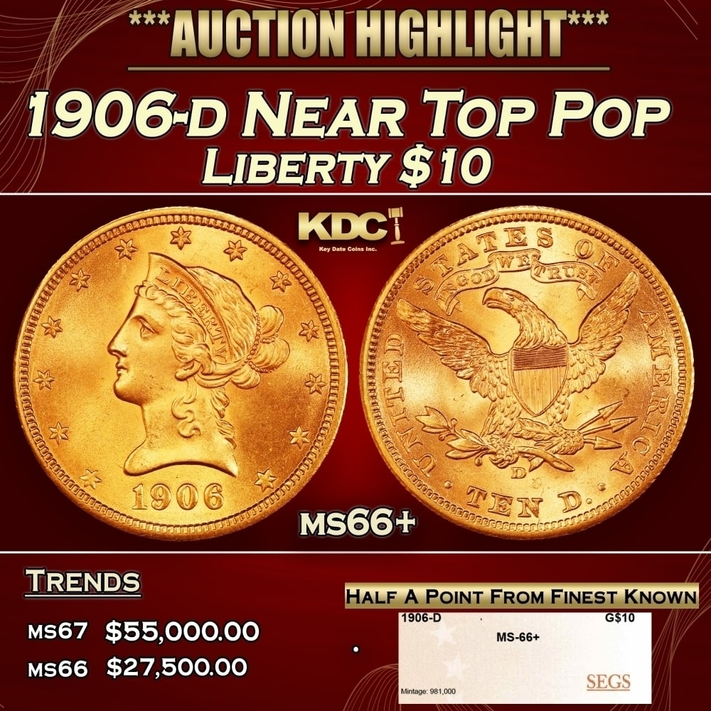 1906-d Gold Liberty Eagle Near Top Pop $10 ms66+ SEGS (1 of 4)