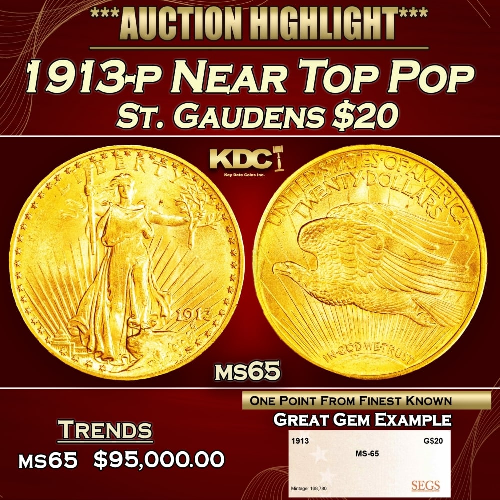1913-p Gold St. Gaudens Double Eagle Near Top Pop $20 ms65 SEGS (1 of 4)