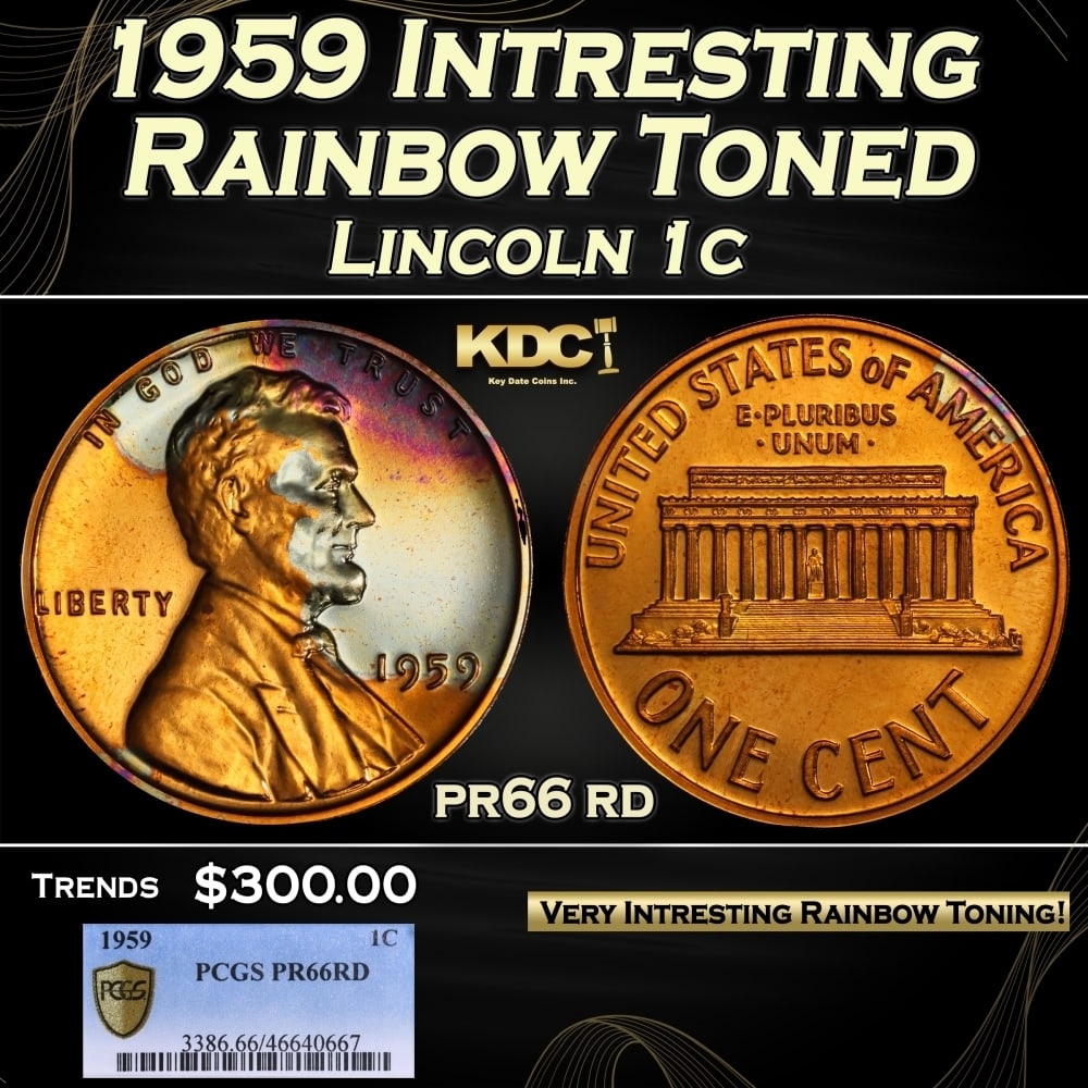 PCGS 1959 Proof Lincoln Cent Intresting Rainbow Toned 1c pr66 rd PCGS: PCGS 1959 Intresting Rainbow Toned Lincoln Cent 1c pr66 rd PCGS. 0