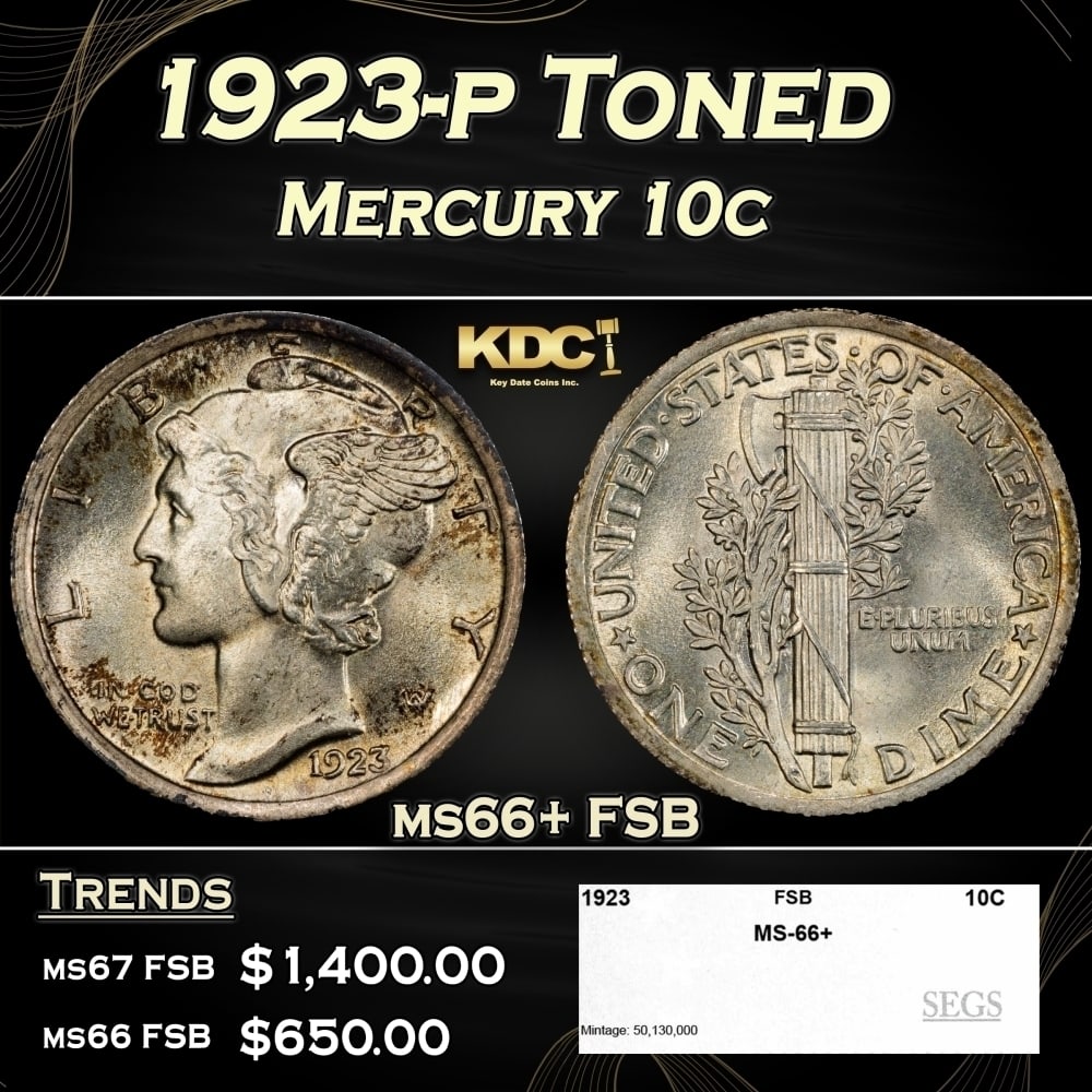 1923-p Mercury Dime Toned 10c ms66+ FSB SEGS: 1923-p Toned Mercury Dime 10c ms66+ FSB SEGS. 0