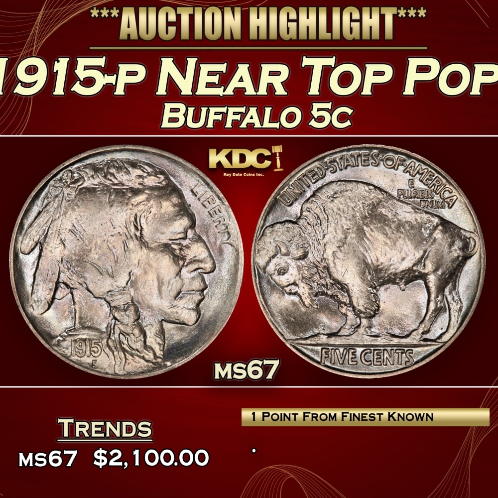 1915-p Buffalo Nickel Near Top Pop! 5c ms67 SEGS: 1915-p Near Top Pop! Buffalo Nickel 5c ms67 SEGS. 0
