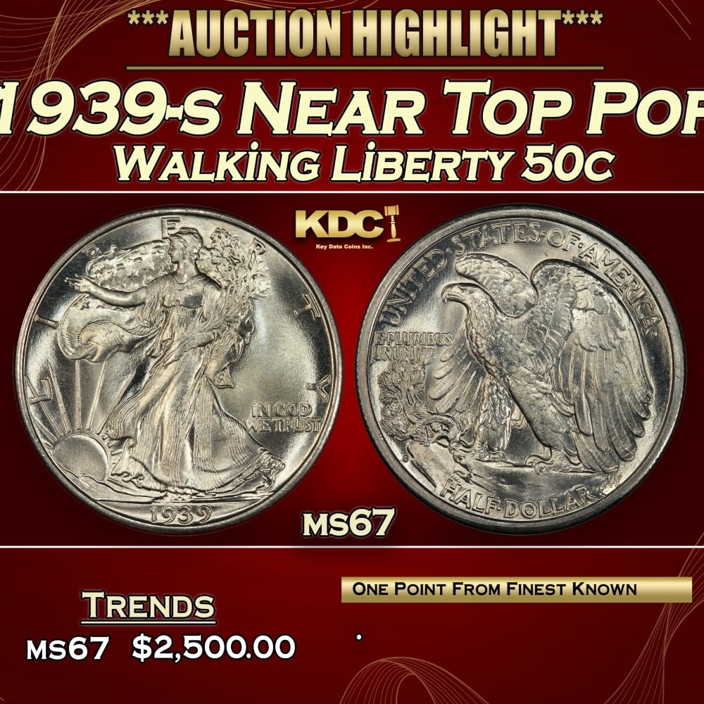 1939-s Walking Liberty Half Dollar Near Top Pop 50c ms67 SEGS: 1939-s Near Top Pop Walking Liberty Half Dollar 50c ms67 SEGS.