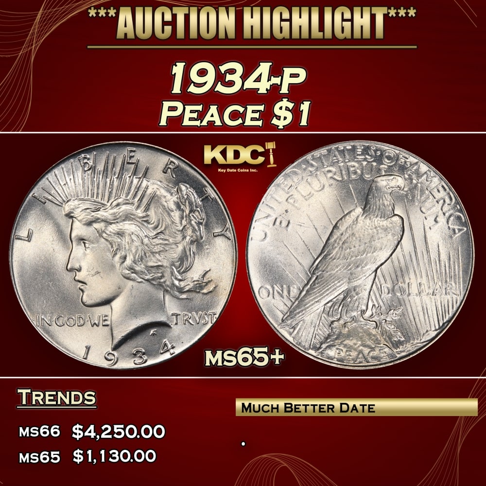 1934-p Peace Dollar $1 ms65+ SEGS (1 of 3)
