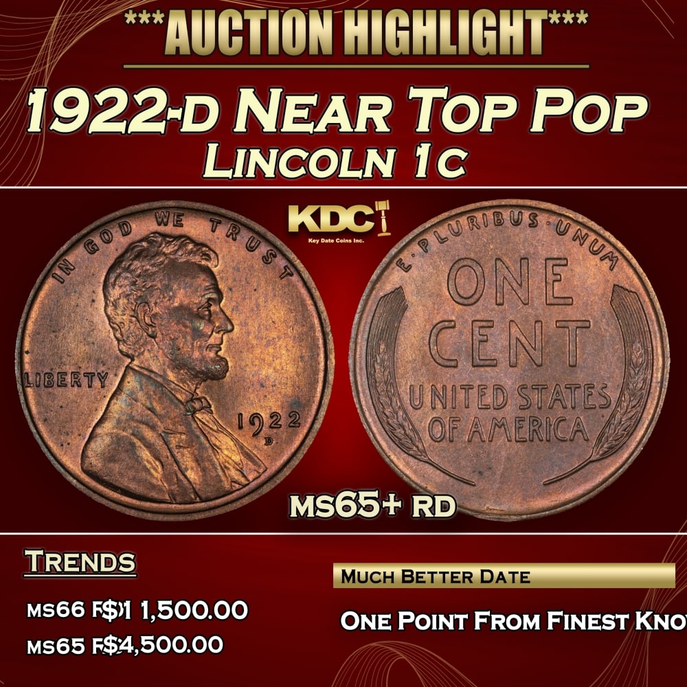 1922-d Lincoln Cent Near Top Pop 1c ms65+ rd SEGS (1 of 3)