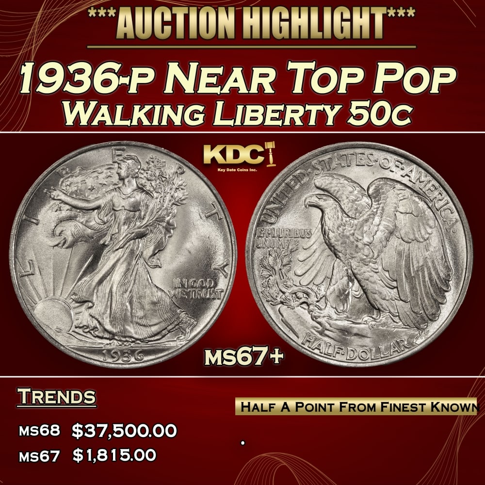 1936-p Walking Liberty Half Dollar Near Top Pop 50c ms67+ SEGS: 1936-p Near Top Pop Walking Liberty Half Dollar 50c ms67+ SEGS.