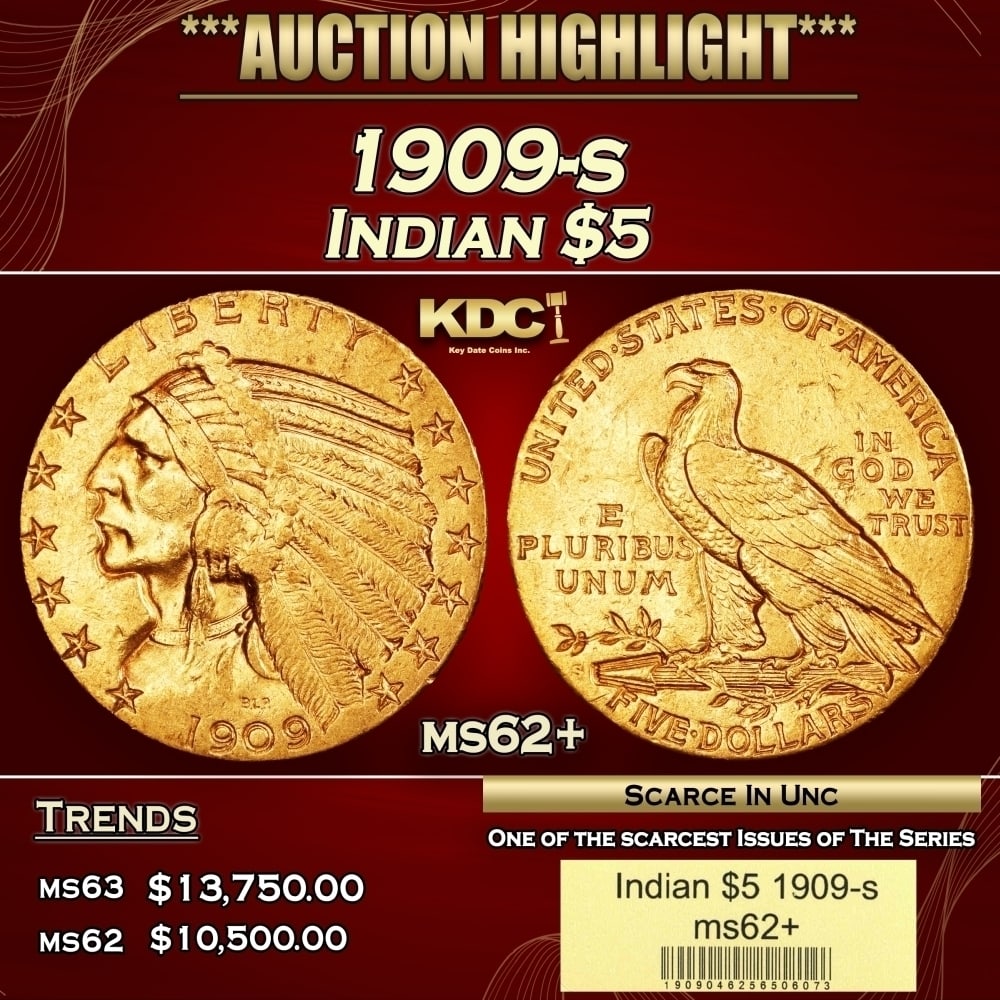 1909-s Gold Indian Half Eagle $5 ms62+ USCG (1 of 4)