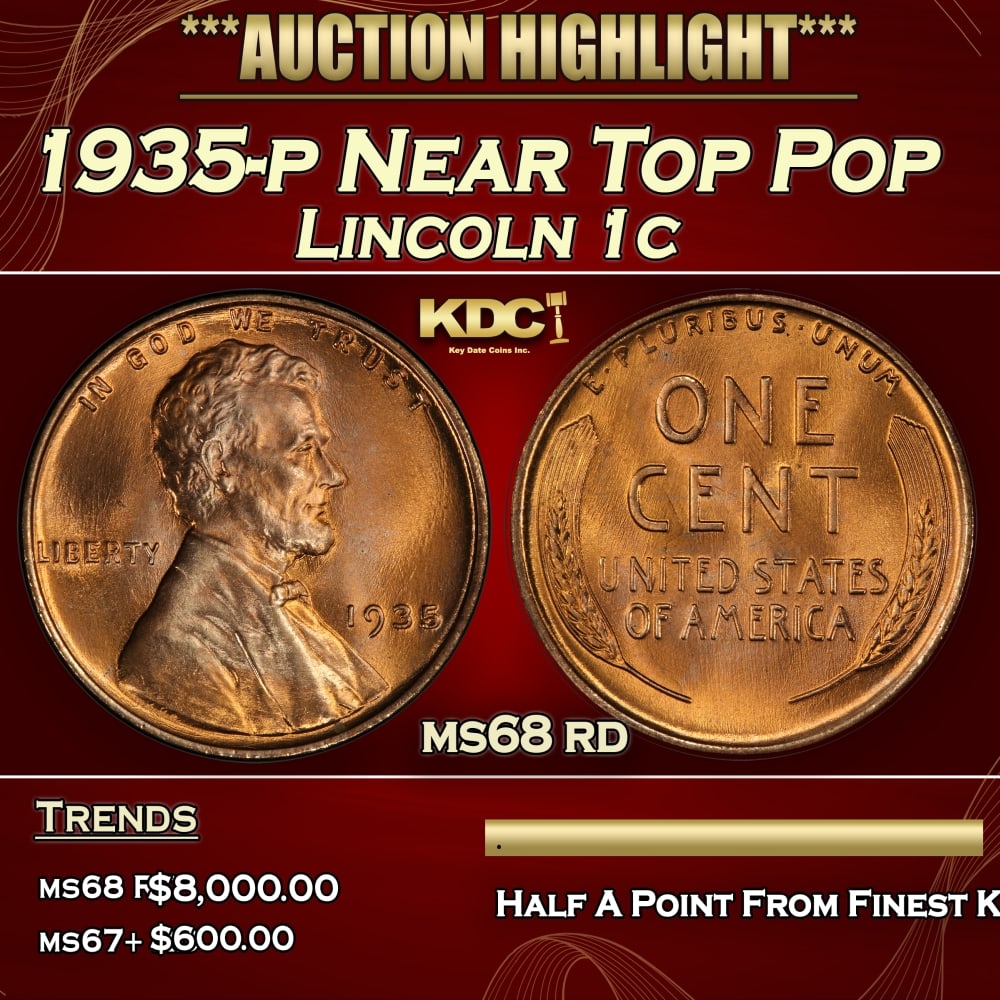 1935-p Lincoln Cent Near Top Pop 1c ms68 rd SEGS: 1935-p Near Top Pop Lincoln Cent 1c ms68 rd SEGS. A Key Date's Pick, Bid to Win, Don't let it get Away, you might not find its equal Coin