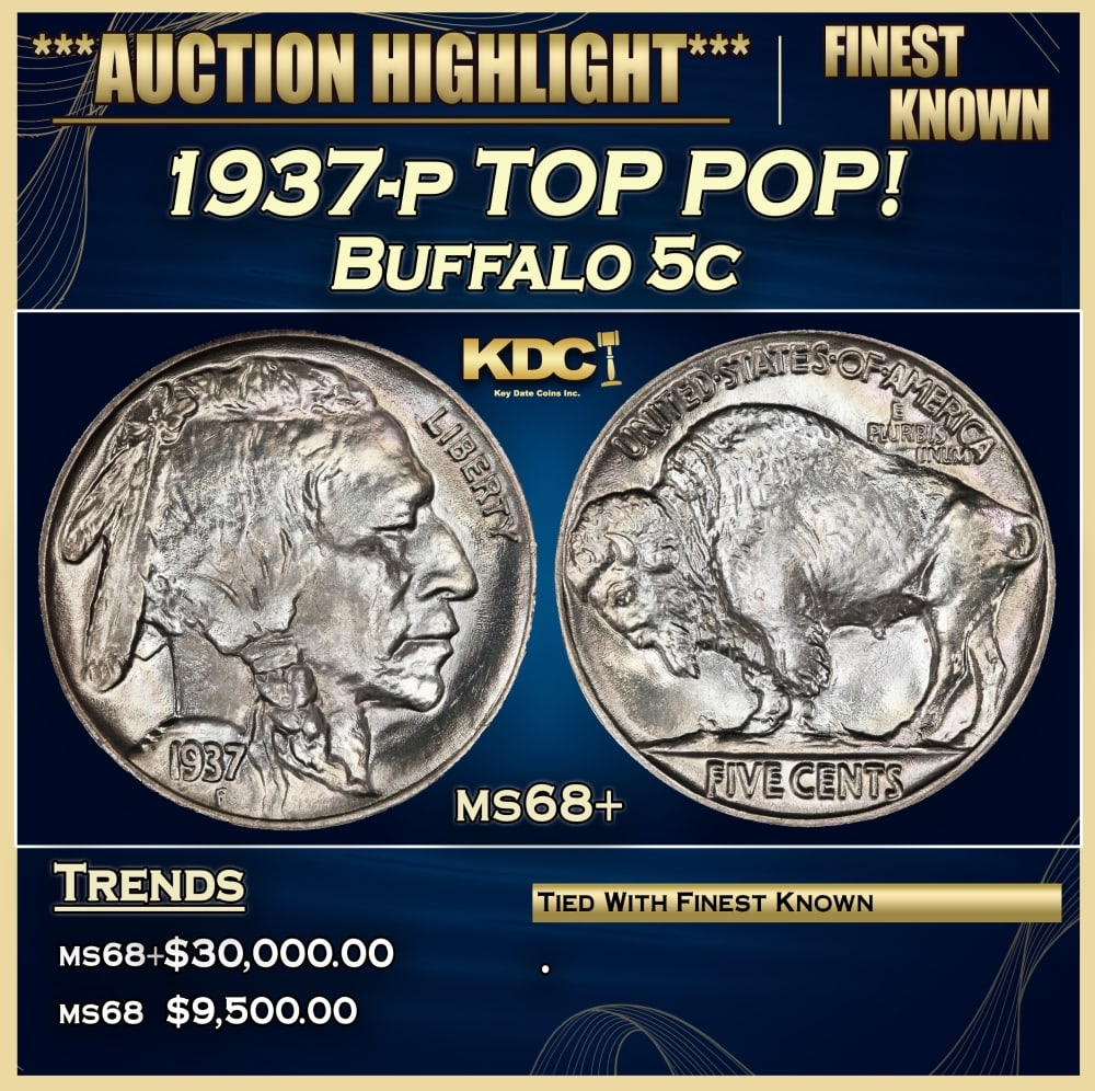 1937-p Buffalo Nickel TOP POP! 5c ms68+ SEGS: 1937-p TOP POP! Buffalo Nickel 5c ms68+ SEGS.